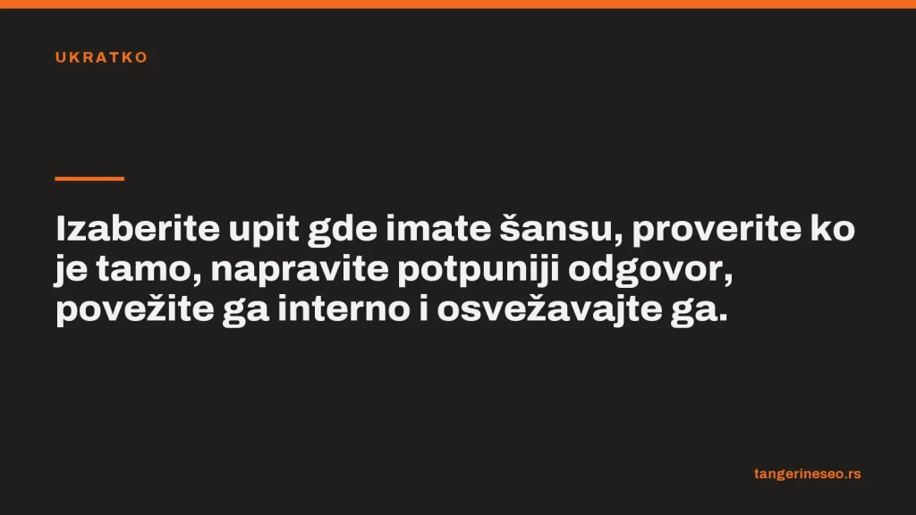 Izaberite upit gde imate šansu, proverite ko je tamo, napravite potpuniji odgovor, povežite ga interno i osvežavajte ga.