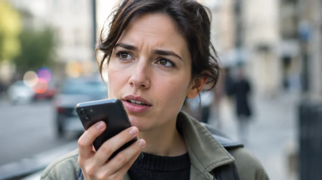 Osoba drži telefon uz lice i postavlja pitanje, ulica u pozadini