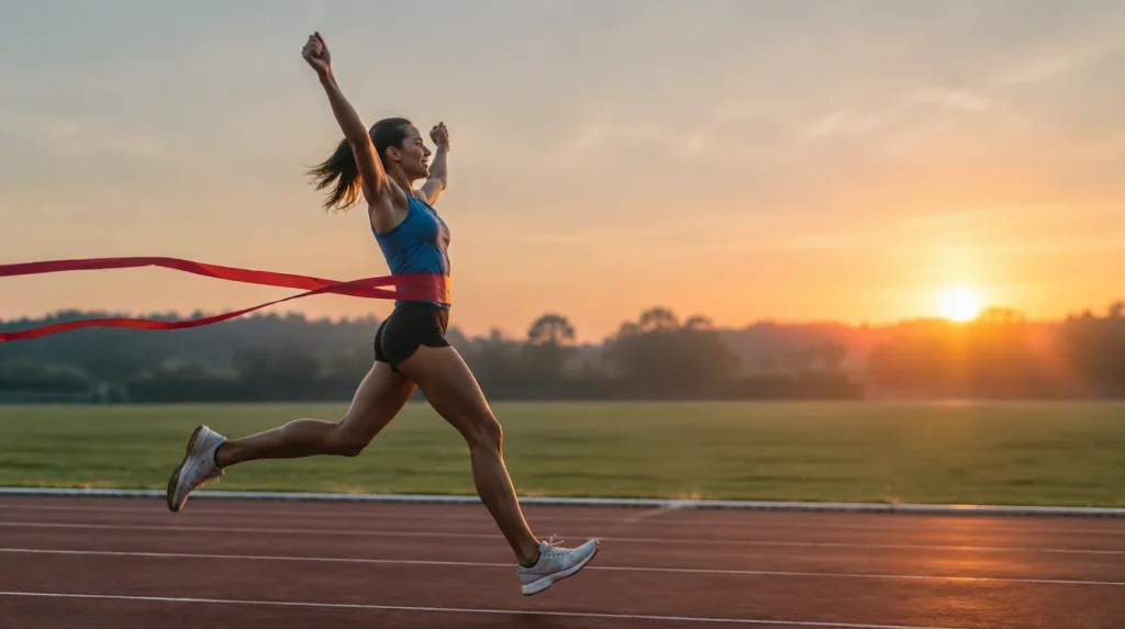 Atletičarka prva prolazi kroz cilj na stazi u svitanje