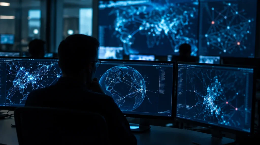 Analitičar u silueti ispred monitora sa apstraktnim prikazom mreže