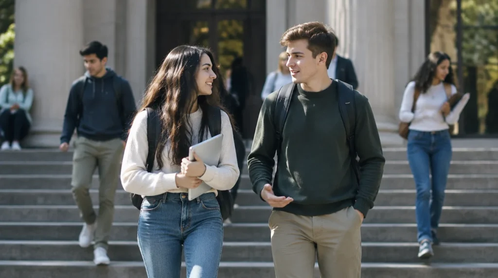 Studenti razgovaraju na stepenicama fakulteta po sunčanom danu