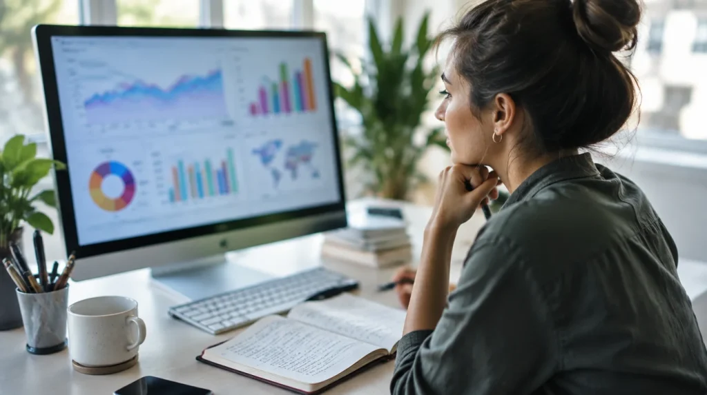 Stručnjak za marketing prati rezultate kampanje na velikom monitoru
